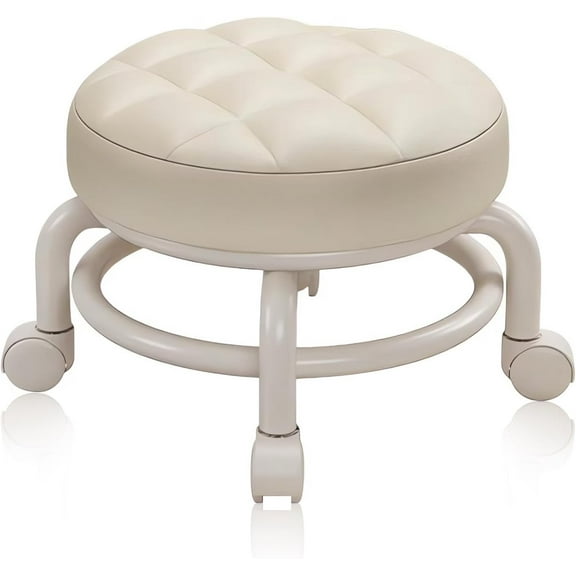 Round Rolling Low Stool- PU Leather Low Stool 360° More Comfortable Swivel with Thickened Sponge Cushion for Nail Salon, Pedicure, SPA and Home