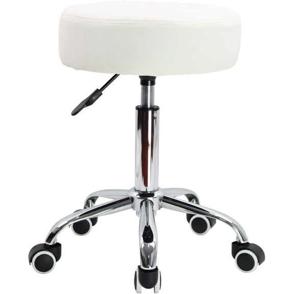 Round Rolling Stool Chair PU Leather Height Adjustable Shop Stool Swivel Drafting Work  Salon Stools with Wheels Office Chair (White)