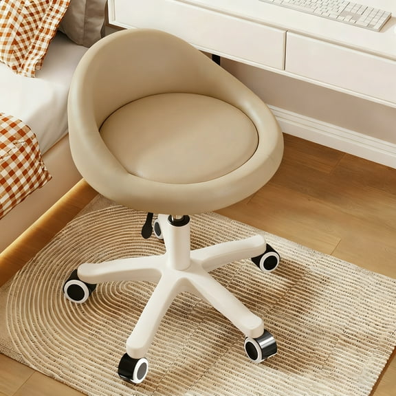 Round Rolling Stool with PU Leather Low Backrest, Hydraulic Height-Adjustable Swivel Chair for Spa, Salon, Tattoo, Massage, or Medical Office Khaki-1PCS