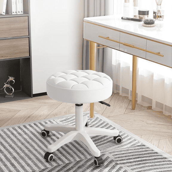 Round Rolling Stool with Wheel，Height Adjustable Swivel Stool，Drafting Work Tatto Massage Spa Salon chair，PU Leather Small Office Chair，White