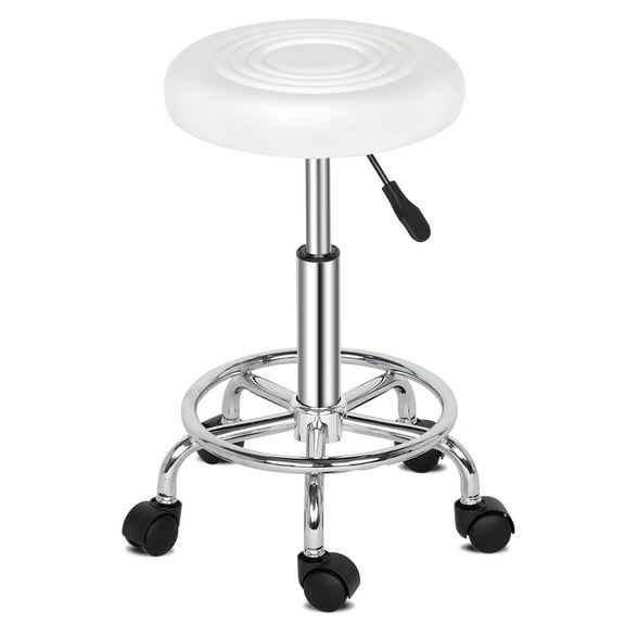 Round Rolling Stools, PU Leather Seat, Height Adjustable Swivel Stool with Wheels,White