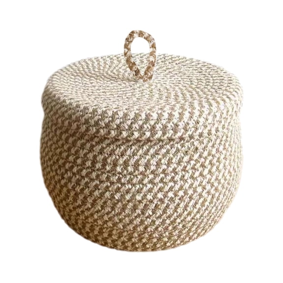 Round Rope Basket With Lid , 1Pcs Decorative Woven Storage Bin Cotton Rope Lidded For Snacks, Towels For Living Room Bedroom, Lightweight And Strong Beige