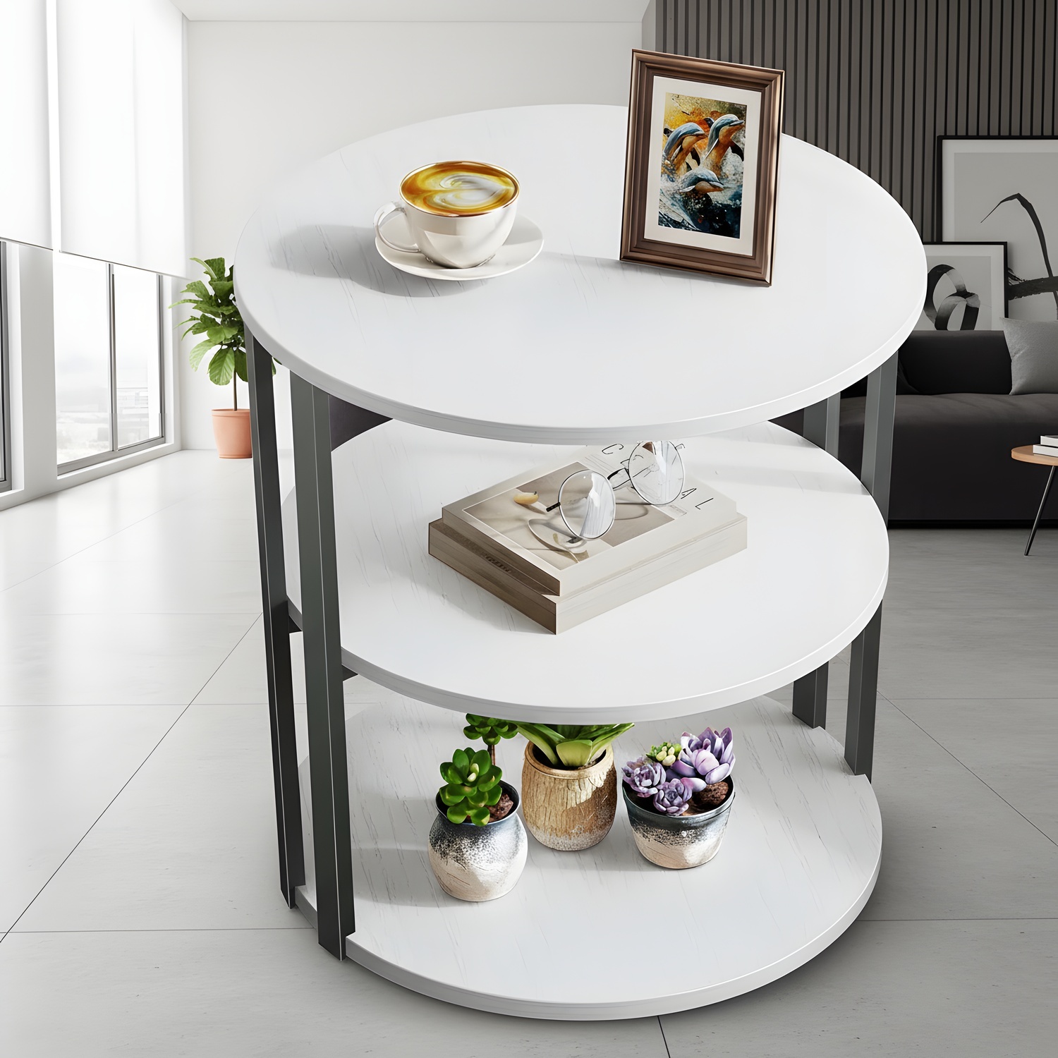 Round Rotating Side Table with 3-Tier Storage - Modern End Table for ...