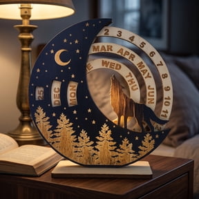 Round Rotating Wooden Perpetual Desk Calendar, Handcrafted Decorative Date Tracker Ornament, Adjustable Month Day Display Art Figurine, Rustic Decor for Home Office Desktop Wall Hanging Use