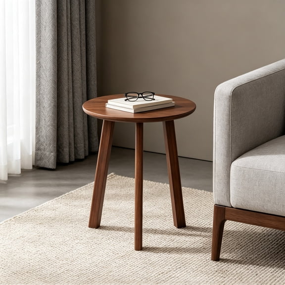 Round Rubber Wood End Table, Walnut Finish, 3-Leg Compact Accent Table, 17.7 x 17.7 x 19.7 in