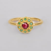 Round Ruby & Green Emerald Vintage Ring, Round Bazel Halo Stacable Ring, Unique Beaded Handmade Jewelry, Full Milgrain Ring, Gift For Men/Women,