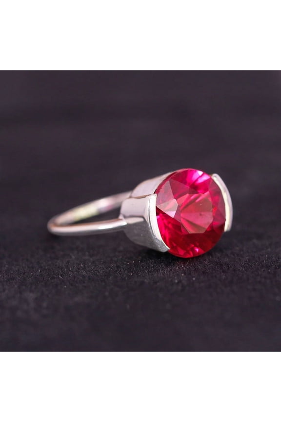 Round Ruby Ring, Half Bezel Set Ring, 925 Sterling Silver Ring, Cubic Zirconia Ruby Vintage Ring, Anniversary Ring