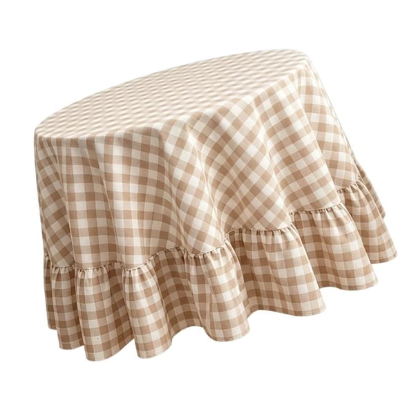 Round Ruffled Edges Checkered Tablecloth Beige Gingham Plaids Cotton Linen Blend Table Cover with Soft Drape for Dining Room and Cafes Table