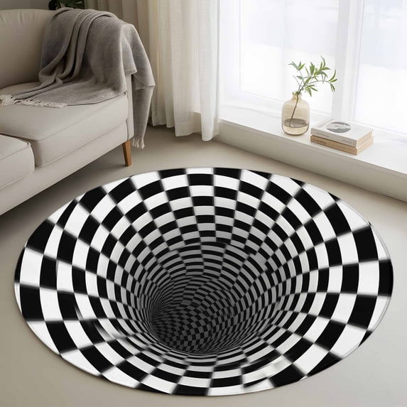 Round Rug 3.3Ft Washable Non-Slip, 3D Optical Illusion Circle Area Rugs for Living Room Bedroom, Black White Checkered Plaid Visual Trap Indoor Floor Mats Carpet Runner for Home Decor Aesthetic