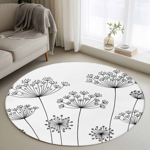 Round Rug 3.3Ft Washable Non-Slip, Black Dandelion Circle Area Rugs for Living Room Bedroom, Spring Country Modern Minimalist Flower Indoor Floor Mats Carpet Runner for Home Decor Aesthetic