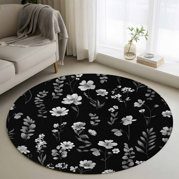 Round Rug 3.3Ft Washable Non-Slip, Black Spring Floral Circle Area Rugs for Living Room Bedroom, Flowers Botanical Elegant Pastoral Indoor Floor Mats Carpet Runner for Home Decor Aesthetic
