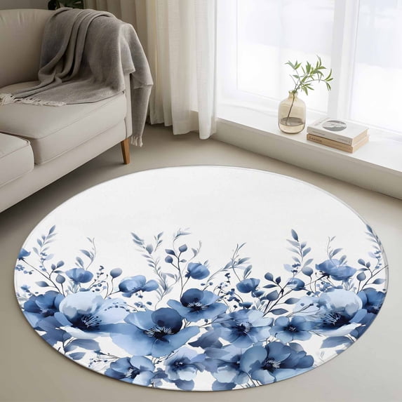 Round Rug 3.3Ft Washable Non-Slip, Blue Blooms Floral Circle Area Rugs for Living Room Bedroom, Farmhouse Spring Flowers Botanical Indoor Floor Mats Carpet Runner for Home Decor Aesthetic