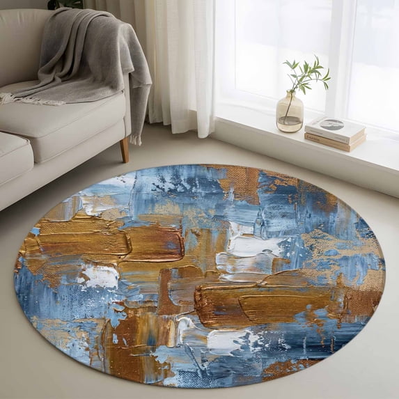 Round Rug 3.3Ft Washable Non-Slip, Blue Brown Abstract Circle Area Rugs for Living Room Bedroom, Gradient Vintage Oil Painting Modern Art Indoor Floor Mats Carpet Runner for Home Decor Aesthetic