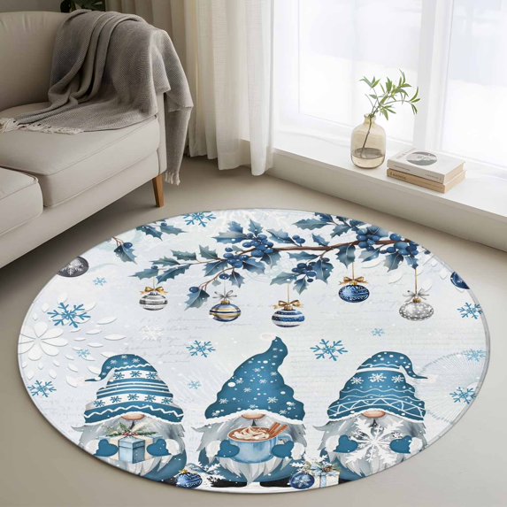Round Rug 3.3Ft Washable Non-Slip, Blue Gnomes Christmas Circle Area Rugs for Living Room Bedroom, Xmas Ball Gifts Botanical Snowflake Indoor Floor Mats Carpet Runner for Home Decor Aesthetic