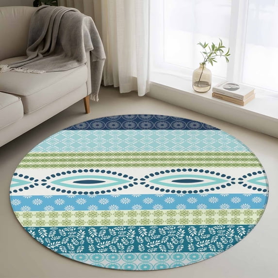 Round Rug 3.3Ft Washable Non-Slip, Blue Green Geometric Circle Area Rugs for Living Room Bedroom, Boho Vintage Country Flowers Leaves Indoor Floor Mats Carpet Runner for Home Decor Aesthetic
