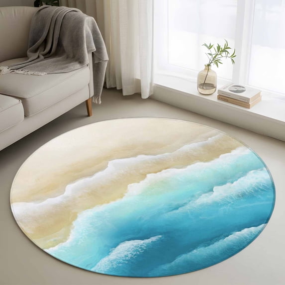 Round Rug 3.3Ft Washable Non-Slip, Blue Ombre Beach Circle Area Rugs for Living Room Bedroom, Ocean Coastal Gradient Waves Summer Indoor Floor Mats Carpet Runner for Home Decor Aesthetic