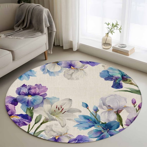 Round Rug 3.3Ft Washable Non-Slip, Blue Purple Flowers Circle Area Rugs for Living Room Bedroom, Spring Seasonal Botanical Florals Indoor Floor Mats Carpet Runner for Home Decor Aesthetic
