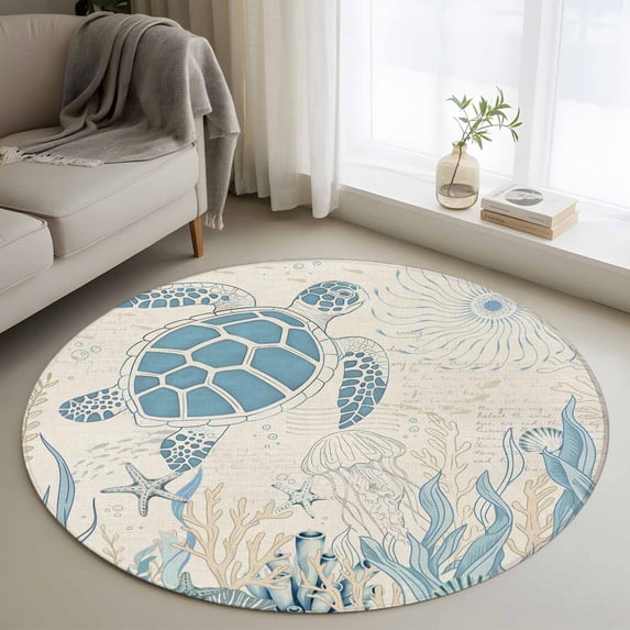 Round Rug 3.3Ft Washable Non-Slip, Blue Turtle Coastal Circle Area Rugs for Living Room Bedroom, Coral Summer Beach Nautical Ocean Beige Indoor Floor Mats Carpet Runner for Home Decor Aesthetic
