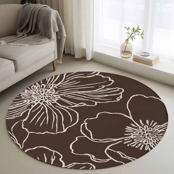 Round Rug 3.3Ft Washable Non-Slip, Brown Flowers Circle Area Rugs for Living Room Bedroom, Spring Floral Botanical Modern Art Indoor Floor Mats Carpet Runner for Home Decor Aesthetic