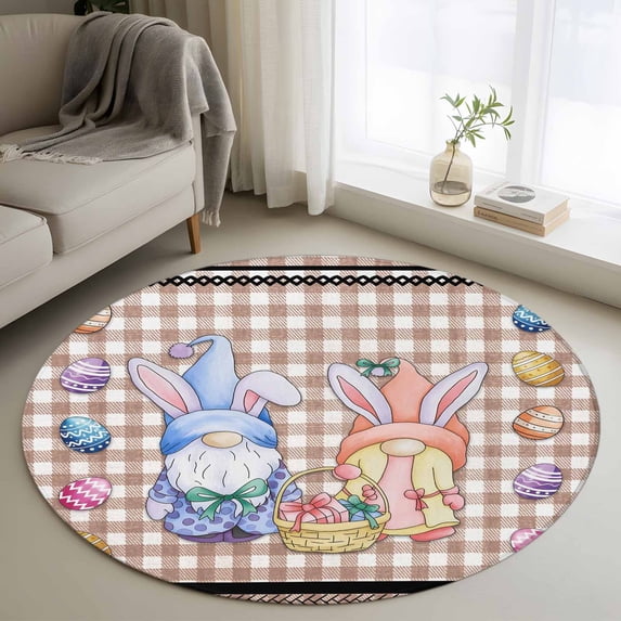 Round Rug 3.3Ft Washable Non-Slip, Bunny Gnomes Easter Circle Area Rugs for Living Room Bedroom, Eggs Brown Checkered Farmhouse Indoor Floor Mats Carpet Runner for Home Decor Aesthetic