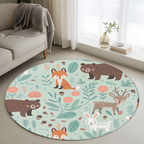 Round Rug 3.3Ft Washable Non-Slip, Cartoon Animals Circle Area Rugs for Living Room Bedroom, Bunny Foxes Elk Abstract Art Indoor Floor Mats Carpet Runner for Home Decor Aesthetic