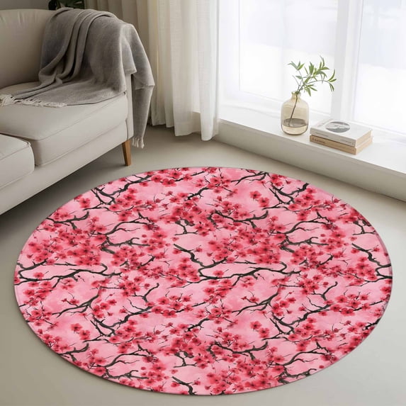 Round Rug 3.3Ft Washable Non-Slip, Chinese Flowers Circle Area Rugs for Living Room Bedroom, Spring Pink Peach Blossoms Floral Indoor Floor Mats Carpet Runner for Home Decor Aesthetic