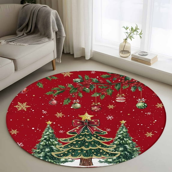 Round Rug 3.3Ft Washable Non-Slip, Christmas Tree Circle Area Rugs for Living Room Bedroom, Red Winter Xmas Ball Berry Snowflakes Indoor Floor Mats Carpet Runner for Home Decor Aesthetic