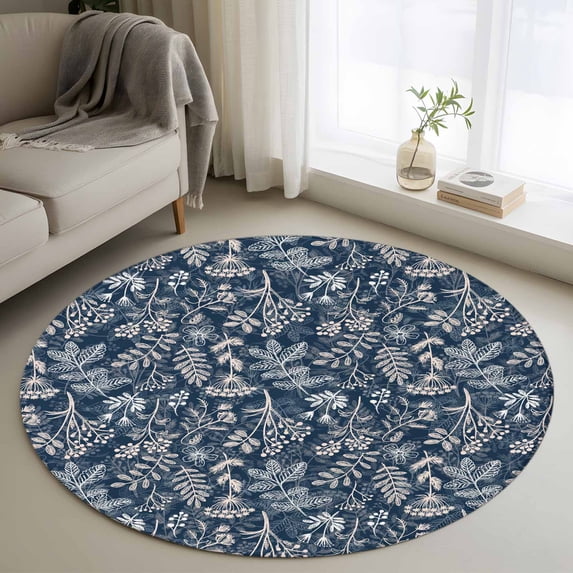 Round Rug 3.3Ft Washable Non-Slip, Dandelion Circle Area Rugs for Living Room Bedroom, Navy Blue Flowers Modern Minimalist Spring Indoor Floor Mats Carpet Runner for Home Decor Aesthetic