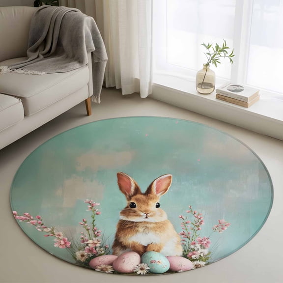 Round Rug 3.3Ft Washable Non-Slip, Easter Bunny Circle Area Rugs for Living Room Bedroom, Colorful Eggs Rabbits Spring Daisy Flowers Indoor Floor Mats Carpet Runner for Home Decor Aesthetic