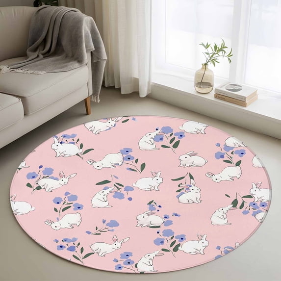Round Rug 3.3Ft Washable Non-Slip, Easter Bunny Circle Area Rugs for Living Room Bedroom, Spring Purple Flower Rustic Rabbit Pink Indoor Floor Mats Carpet Runner for Home Decor Aesthetic