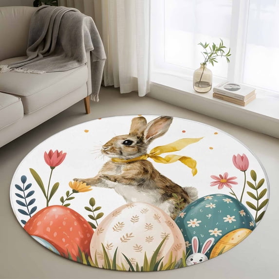 Round Rug 3.3Ft Washable Non-Slip, Easter Bunny Eggs Circle Area Rugs for Living Room Bedroom, Spring Tulip Daisy Flowers Leaves Country Indoor Floor Mats Carpet Runner for Home Decor Aesthetic