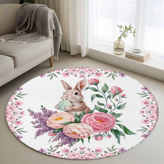 Round Rug 3.3Ft Washable Non-Slip, Easter Bunny Roses Circle Area Rugs for Living Room Bedroom, Pink Floral Spring Botanical Indoor Floor Mats Carpet Runner for Home Decor Aesthetic