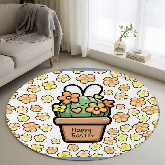 Round Rug 3.3Ft Washable Non-Slip, Easter Circle Area Rugs for Living Room Bedroom, Bunny Ears Spring Yellow Flowers Potted Plant Pastoral Indoor Floor Mats Carpet Runner for Home Decor Aesthetic