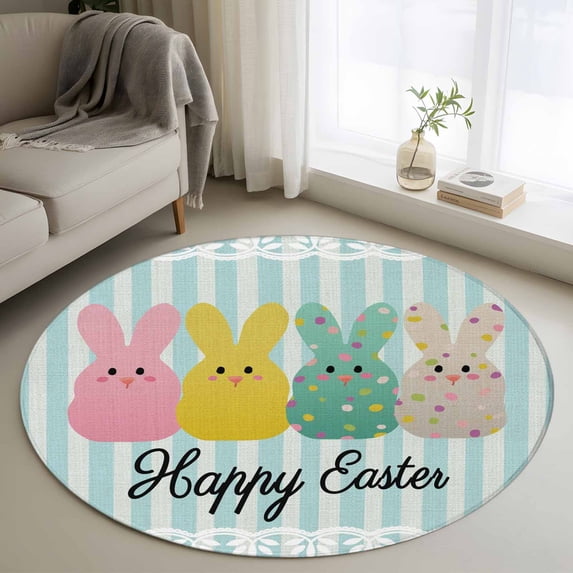 Round Rug 3.3Ft Washable Non-Slip, Easter Circle Area Rugs for Living Room Bedroom, Polka Dot Bunny Farmhouse Vintage Green Striped Indoor Floor Mats Carpet Runner for Home Decor Aesthetic