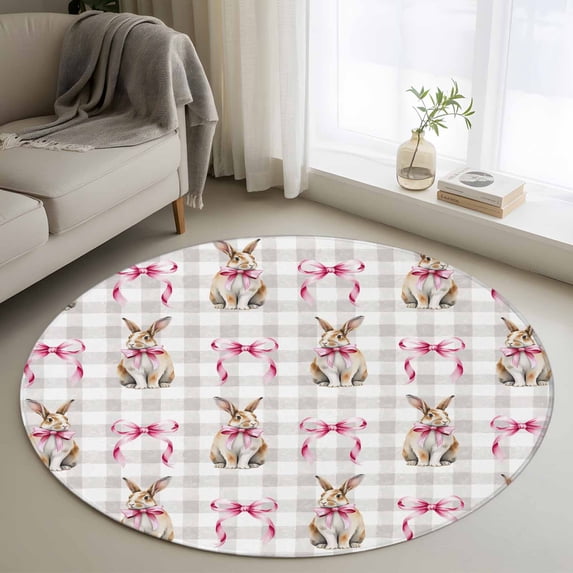 Round Rug 3.3Ft Washable Non-Slip, Easter Circle Area Rugs for Living Room Bedroom, Spring Pink Bow Rabbit Grey White Gingham Plaid Indoor Floor Mats Carpet Runner for Home Decor Aesthetic