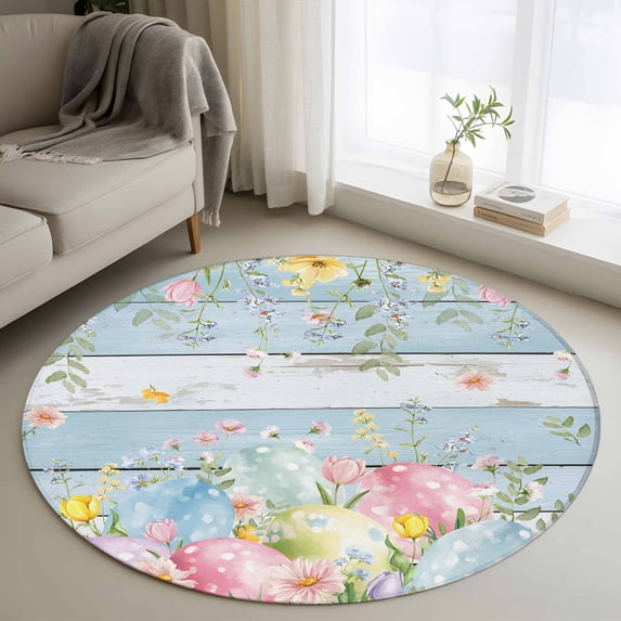 Round Rug 3.3Ft Washable Non-Slip, Easter Eggs Circle Area Rugs for Living Room Bedroom, Spring Daisy Eucalyptus Leaves Light Blue Wood Indoor Floor Mats Carpet Runner for Home Decor Aesthetic