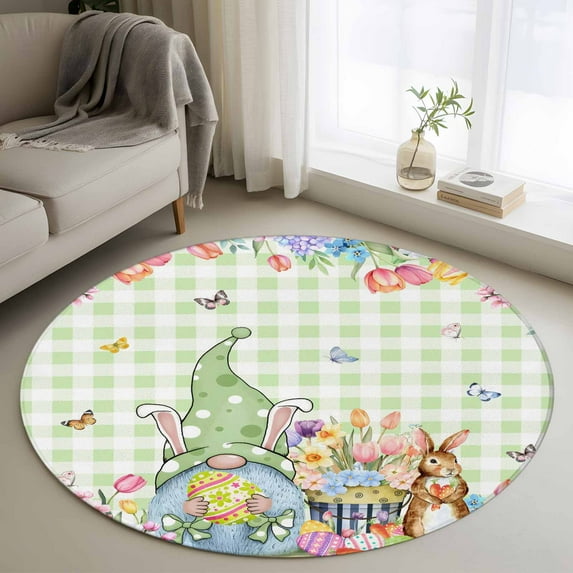 Round Rug 3.3Ft Washable Non-Slip, Easter Gnomes Circle Area Rugs for Living Room Bedroom, Spring Watercolor Bunny Tulip Green Plaid Indoor Floor Mats Carpet Runner for Home Decor Aesthetic