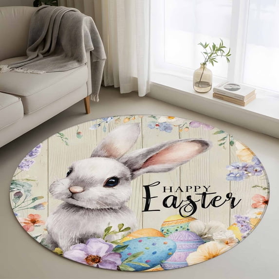 Round Rug 3.3Ft Washable Non-Slip, Easter Grey Bunny Circle Area Rugs for Living Room Bedroom, Spring Colorful Eggs Flower Wooden Grain Indoor Floor Mats Carpet Runner for Home Decor Aesthetic