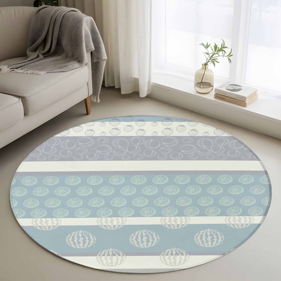 Round Rug 3.3Ft Washable Non-Slip, Farm Fruits Circle Area Rugs for Living Room Bedroom, Watermelon Lemons Peach Blue Grey Striped Indoor Floor Mats Carpet Runner for Home Decor Aesthetic
