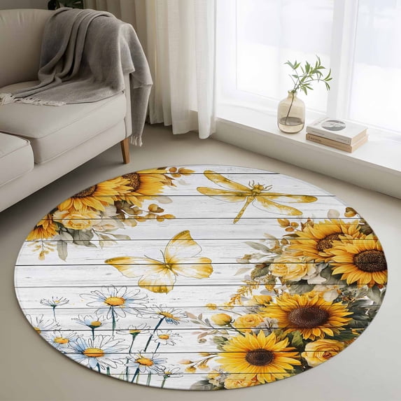 Round Rug 3.3Ft Washable Non-Slip, Farmhouse Sunflower Circle Area Rugs for Living Room Bedroom, Vintage Daisy Butterflies Gray Wood Indoor Floor Mats Carpet Runner for Home Decor Aesthetic