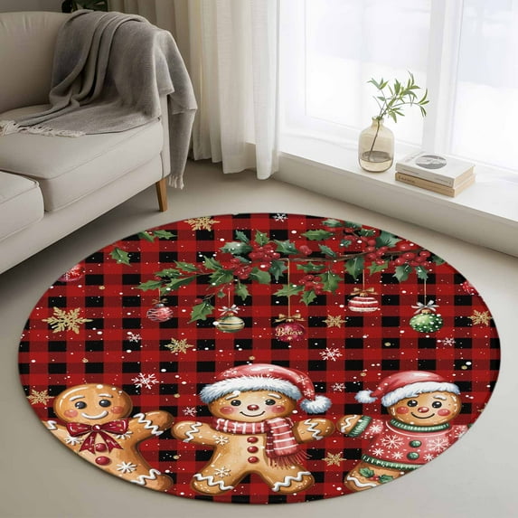 Round Rug 3.3Ft Washable Non-Slip, Gingerbread Christmas Circle Area Rugs for Living Room Bedroom, Xmas Balls Branches Red Buffalo Plaid Indoor Floor Mats Carpet Runner for Home Decor Aesthetic