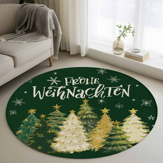 Round Rug 3.3Ft Washable Non-Slip, Green Christmas Circle Area Rugs for Living Room Bedroom, Xmas Tree Snowflake Farmhouse Indoor Floor Mats Carpet Runner for Home Decor Aesthetic
