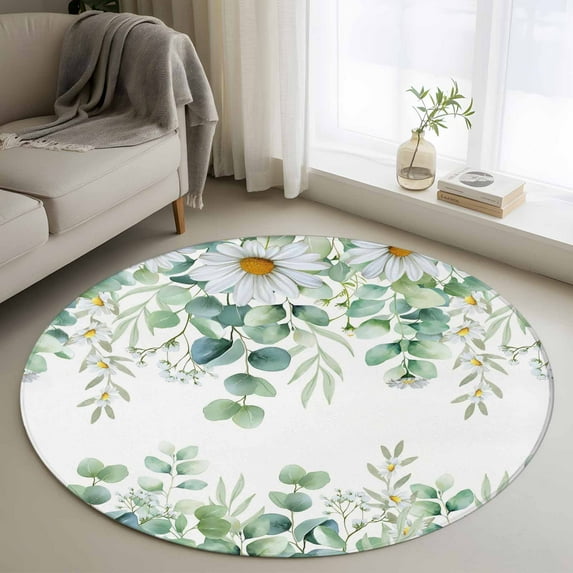 Round Rug 3.3Ft Washable Non-Slip, Green Eucalyptus Leaves Circle Area Rugs for Living Room Bedroom, Summer Botanical Daisy Floral Indoor Floor Mats Carpet Runner for Home Decor Aesthetic