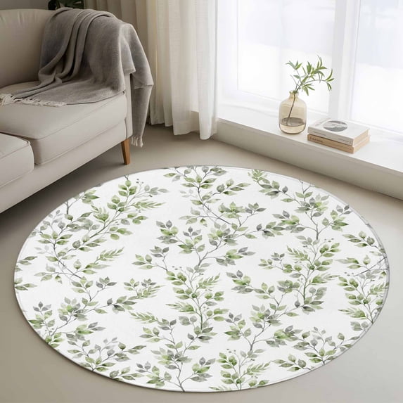 Round Rug 3.3Ft Washable Non-Slip, Green Leaves Circle Area Rugs for Living Room Bedroom, Summer Botanical Elegant Farmhouse Indoor Floor Mats Carpet Runner for Home Decor Aesthetic