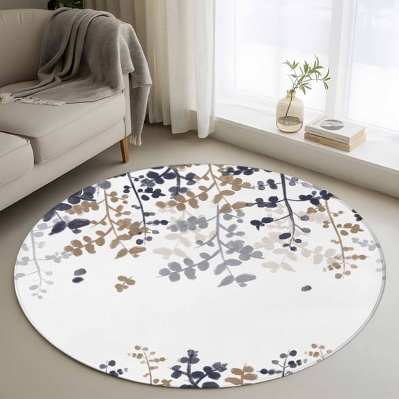 Round Rug 3.3Ft Washable Non-Slip, Grey Brown Leaves Circle Area Rugs for Living Room Bedroom, Summer Botanical Indoor Floor Mats Carpet Runner for Home Decor Aesthetic