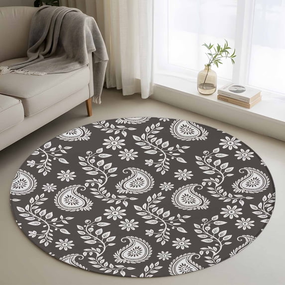 Round Rug 3.3Ft Washable Non-Slip, Grey Paisley Circle Area Rugs for Living Room Bedroom, Ethnic Vintage Floral Botanical Abstract Indoor Floor Mats Carpet Runner for Home Decor Aesthetic