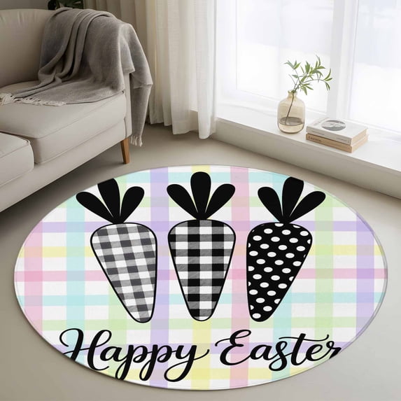 Round Rug 3.3Ft Washable Non-Slip, Happy Easter Circle Area Rugs for Living Room Bedroom, Black and White Carrots Colorful Plaid Indoor Floor Mats Carpet Runner for Home Decor Aesthetic