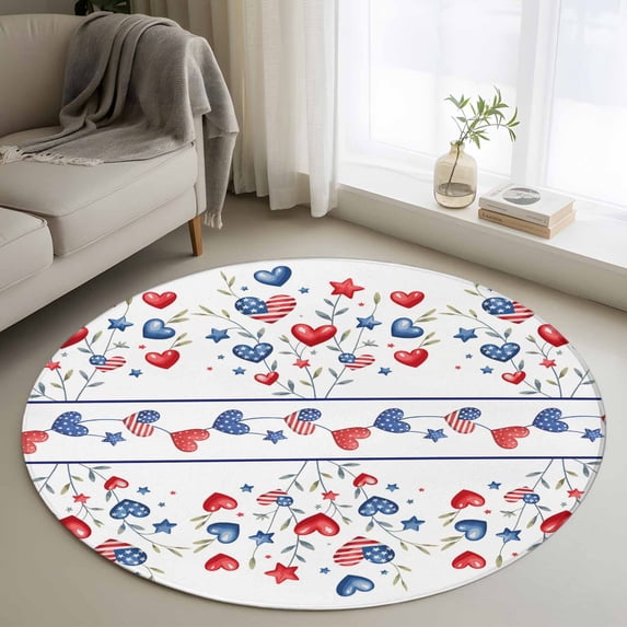 Round Rug 3.3Ft Washable Non-Slip, Independence Day Circle Area Rugs for Living Room Bedroom, 4th of July Red Blue Strip Love Leaves Indoor Floor Mats Carpet Runner for Home Decor Aesthetic