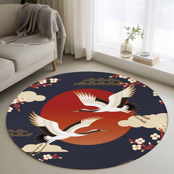 Round Rug 3.3Ft Washable Non-Slip, Japanese Style Circle Area Rugs for Living Room Bedroom, Modern Cranes Cherry Flower Wave Red Blue Indoor Floor Mats Carpet Runner for Home Decor Aesthetic