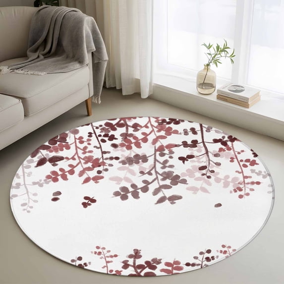 Round Rug 3.3Ft Washable Non-Slip, Leaves Circle Area Rugs for Living Room Bedroom, Pink Brown Summer Botanical Indoor Floor Mats Carpet Runner for Home Decor Aesthetic